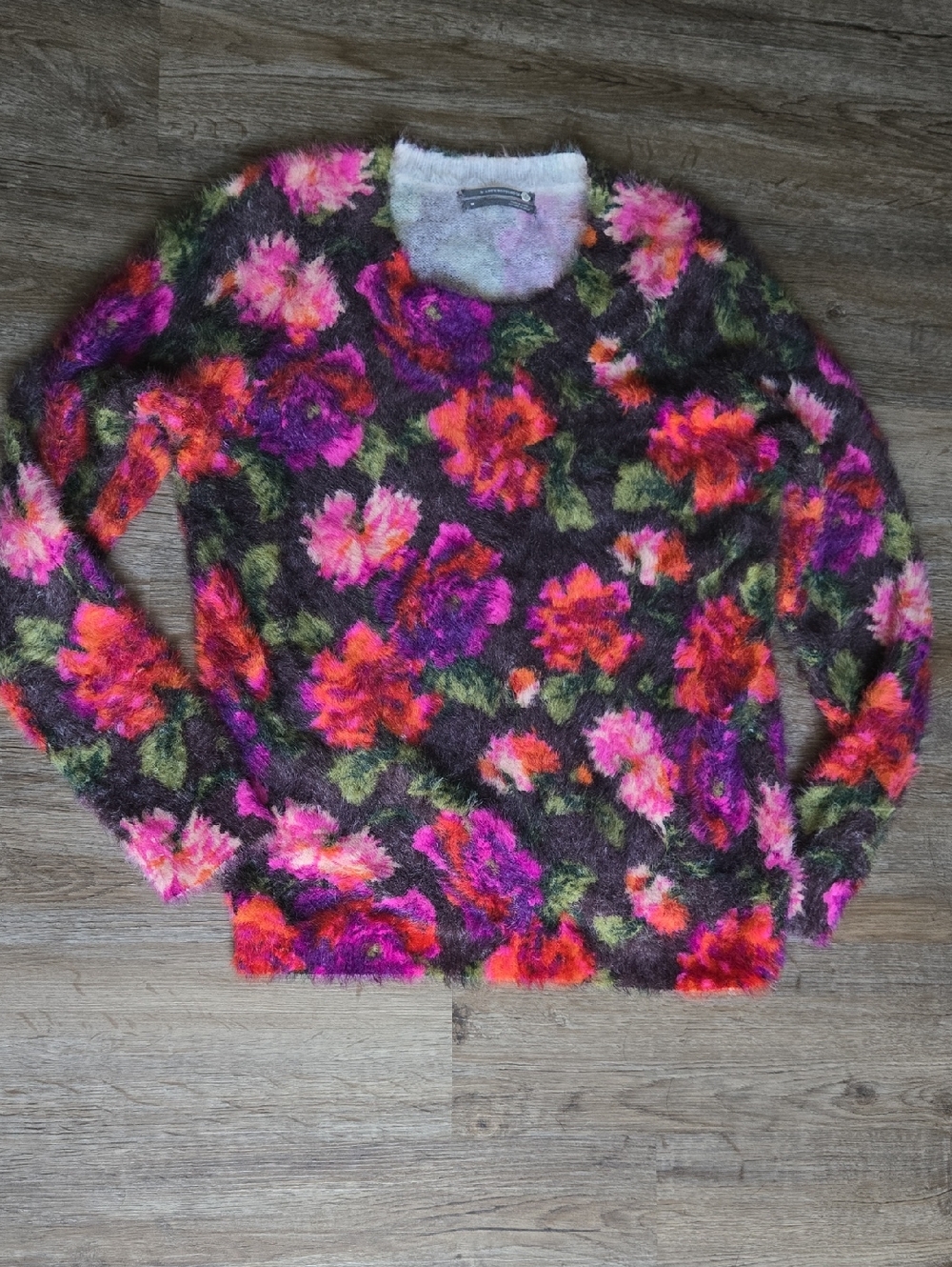 Anthropologie Fuzzy Floral Crewneck Sweater